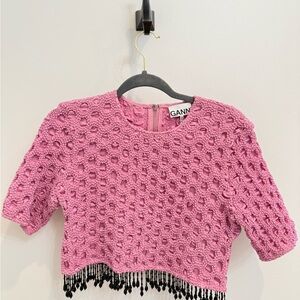 Ganni Pink Crochet Top with Black Fringe